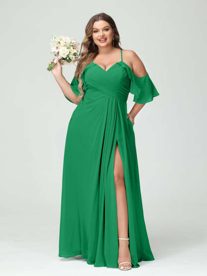 A Line Princess Spaghetti Straps Short Sleeves Chiffon Ruched Split Side Plus Size Bridesmaid Dresses with Pockets