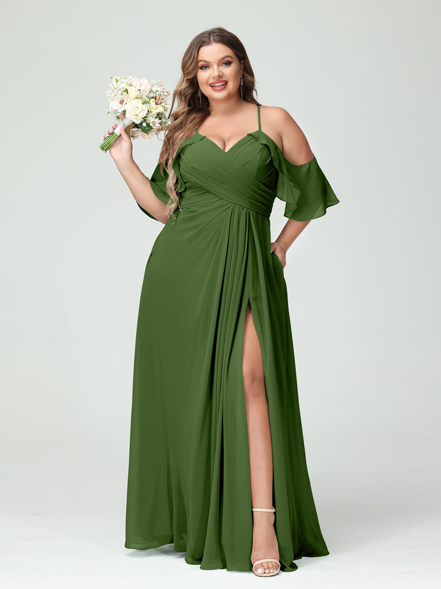 A Line Princess Spaghetti Straps Short Sleeves Chiffon Ruched Split Side Plus Size Bridesmaid Dresses with Pockets