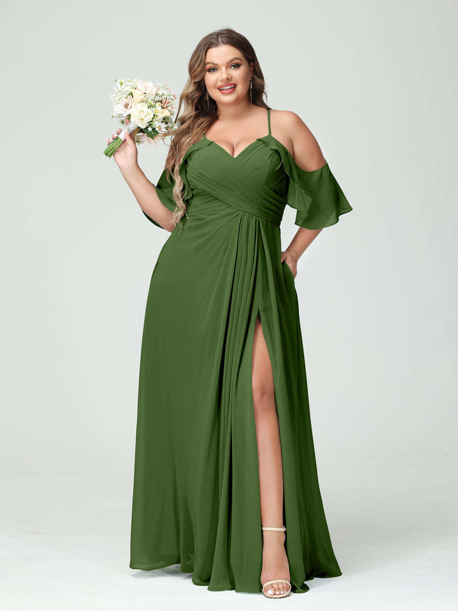 A Line Princess Spaghetti Straps Short Sleeves Chiffon Ruched Split Side Plus Size Bridesmaid Dresses with Pockets