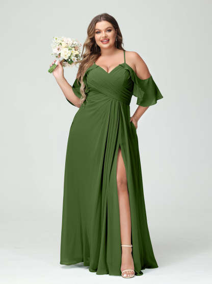 A Line Princess Spaghetti Straps Short Sleeves Chiffon Ruched Split Side Plus Size Bridesmaid Dresses with Pockets