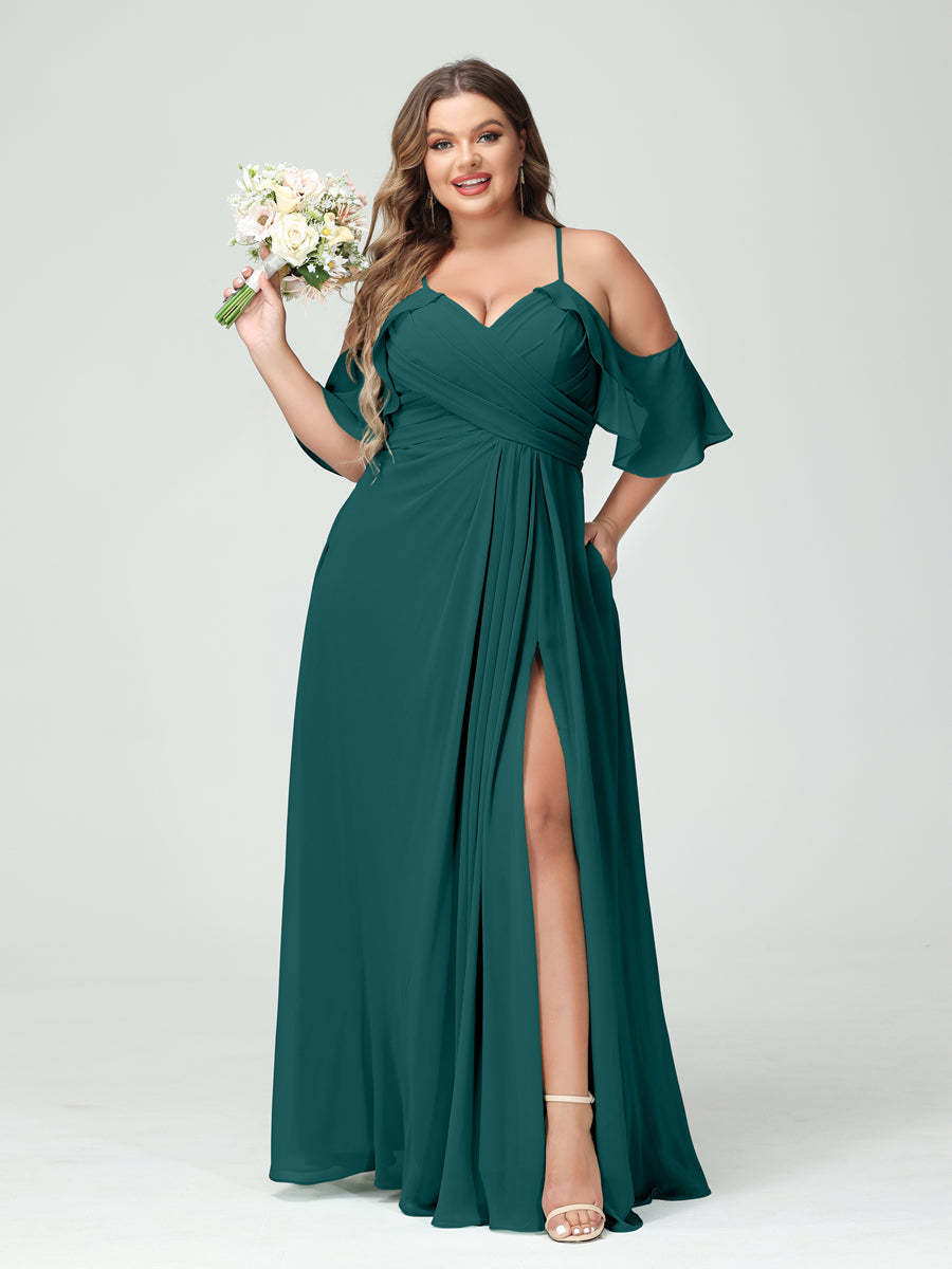 A Line Princess Spaghetti Straps Short Sleeves Chiffon Ruched Split Side Plus Size Bridesmaid Dresses with Pockets