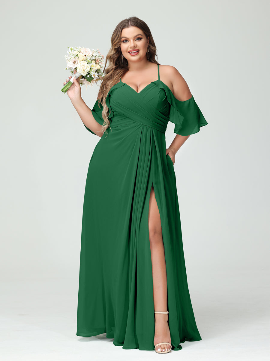 A Line Princess Spaghetti Straps Short Sleeves Chiffon Ruched Split Side Plus Size Bridesmaid Dresses with Pockets