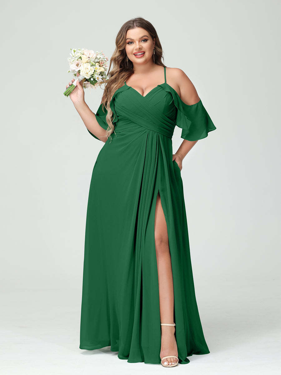 A Line Princess Spaghetti Straps Short Sleeves Chiffon Ruched Split Side Plus Size Bridesmaid Dresses with Pockets