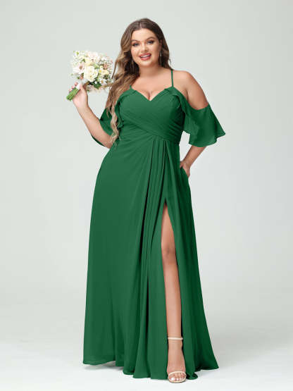 A Line Princess Spaghetti Straps Short Sleeves Chiffon Ruched Split Side Plus Size Bridesmaid Dresses with Pockets