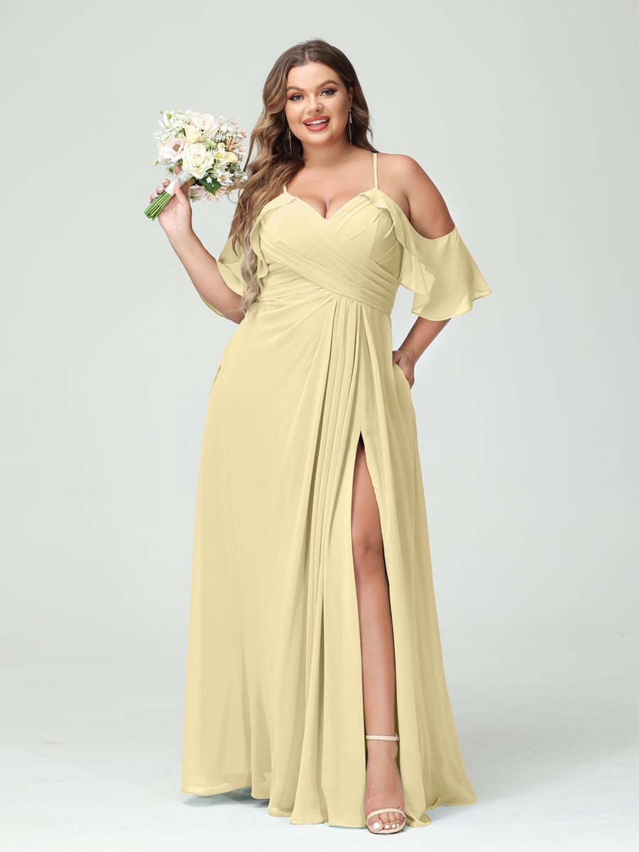 A Line Princess Spaghetti Straps Short Sleeves Chiffon Ruched Split Side Plus Size Bridesmaid Dresses with Pockets