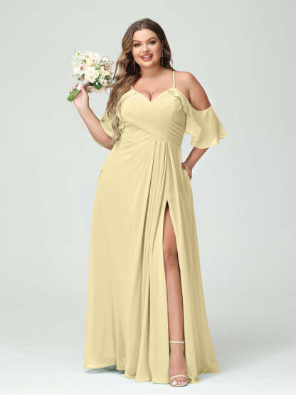 A Line Princess Spaghetti Straps Short Sleeves Chiffon Ruched Split Side Plus Size Bridesmaid Dresses with Pockets