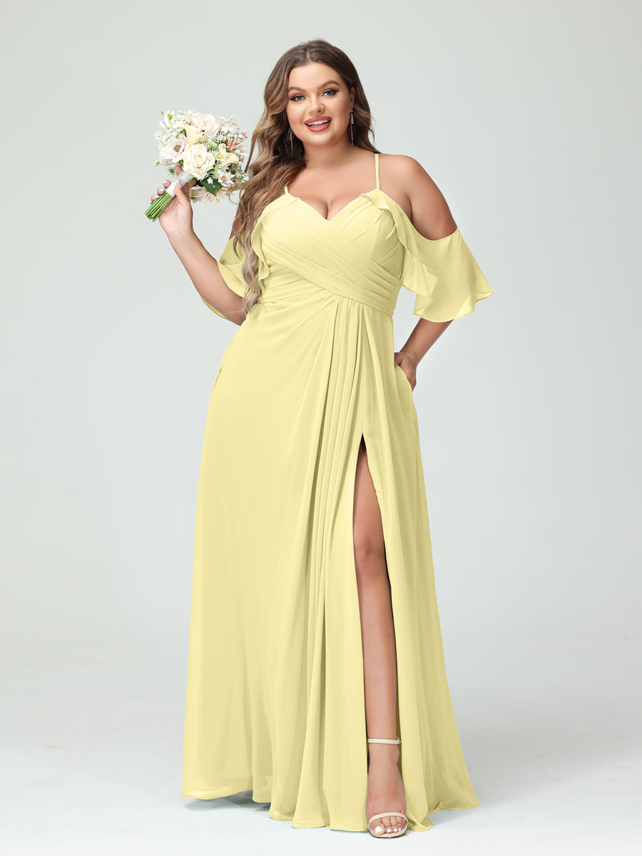A Line Princess Spaghetti Straps Short Sleeves Chiffon Ruched Split Side Plus Size Bridesmaid Dresses with Pockets