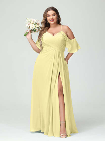 A Line Princess Spaghetti Straps Short Sleeves Chiffon Ruched Split Side Plus Size Bridesmaid Dresses with Pockets