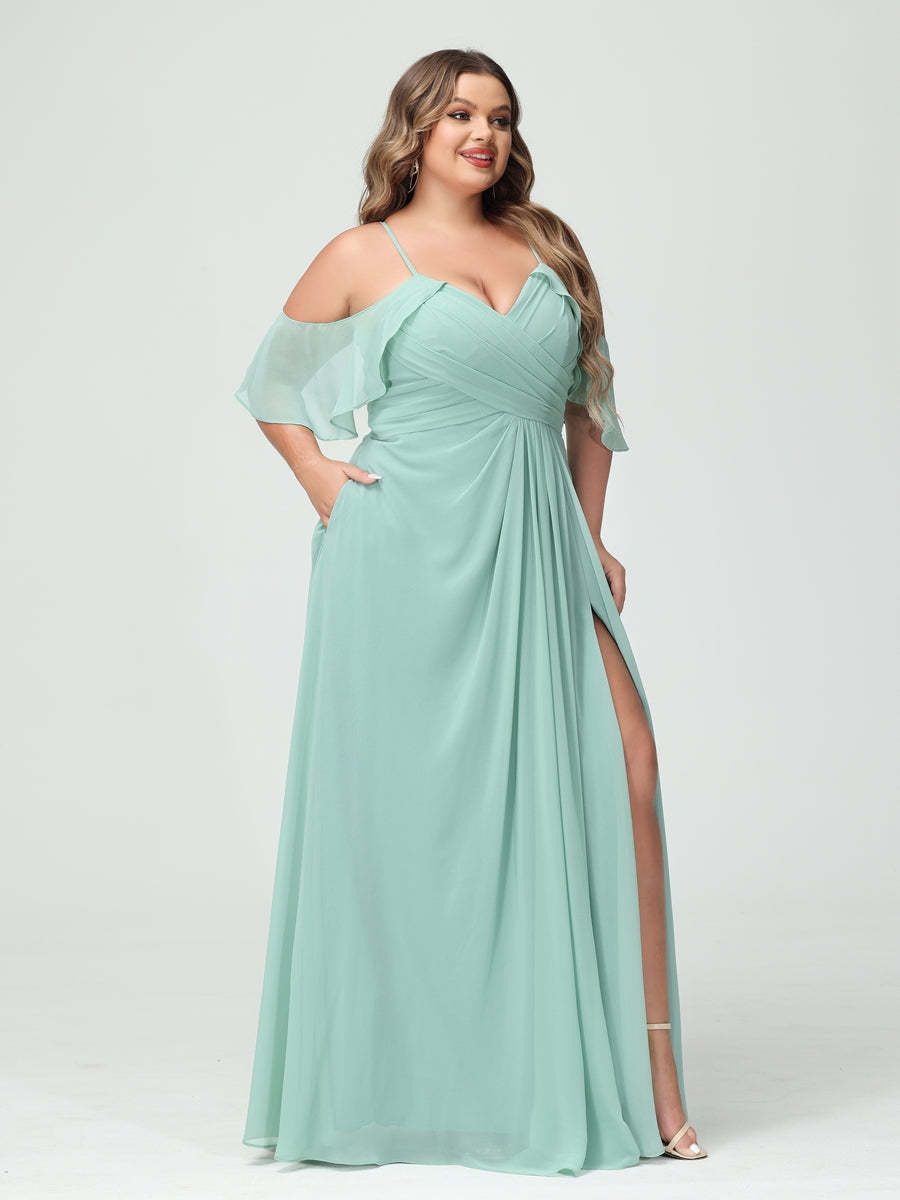 A Line Princess Spaghetti Straps Short Sleeves Chiffon Ruched Split Side Plus Size Bridesmaid Dresses with Pockets