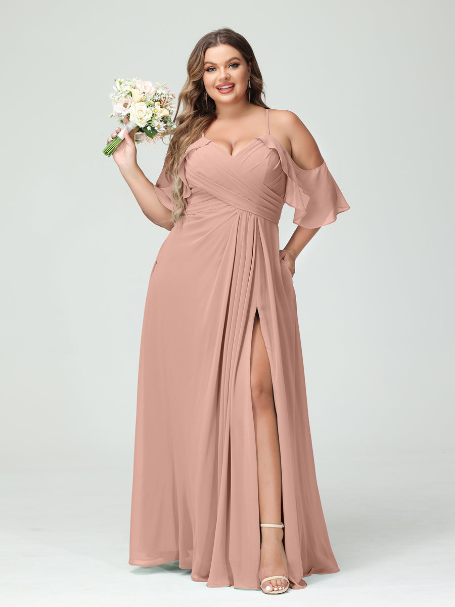 A Line Princess Spaghetti Straps Short Sleeves Chiffon Ruched Split Side Plus Size Bridesmaid Dresses with Pockets