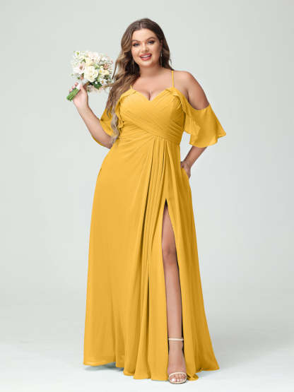 A Line Princess Spaghetti Straps Short Sleeves Chiffon Ruched Split Side Plus Size Bridesmaid Dresses with Pockets