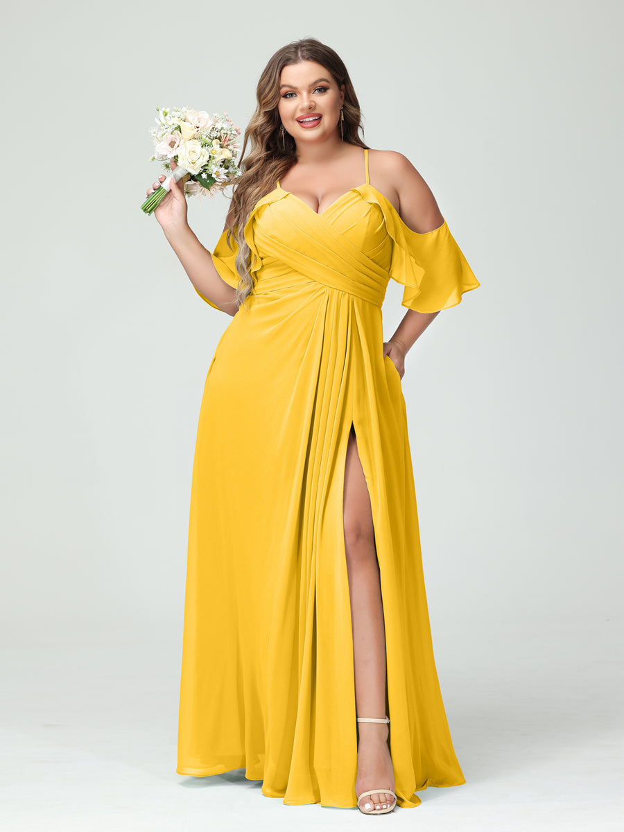 A Line Princess Spaghetti Straps Short Sleeves Chiffon Ruched Split Side Plus Size Bridesmaid Dresses with Pockets