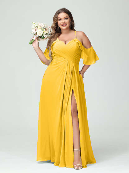 A Line Princess Spaghetti Straps Short Sleeves Chiffon Ruched Split Side Plus Size Bridesmaid Dresses with Pockets