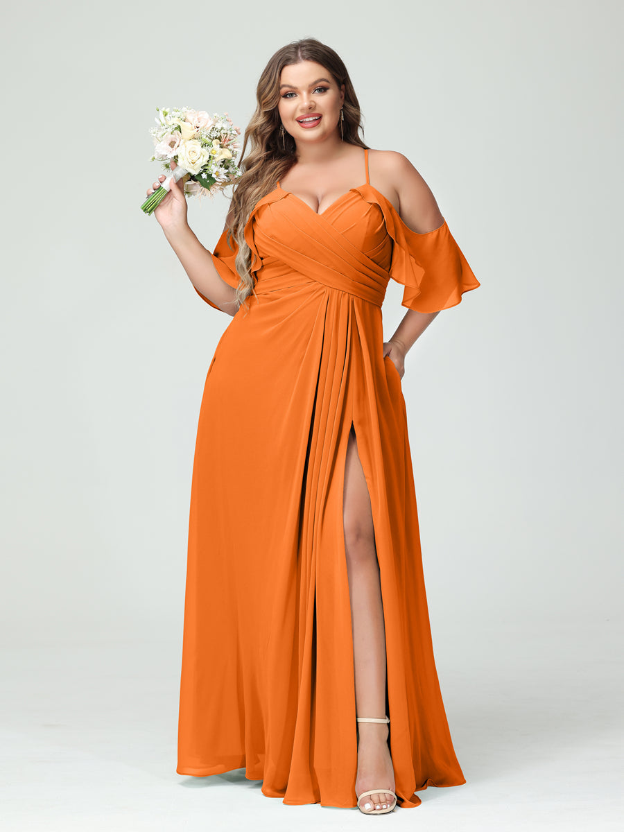 A Line Princess Spaghetti Straps Short Sleeves Chiffon Ruched Split Side Plus Size Bridesmaid Dresses with Pockets