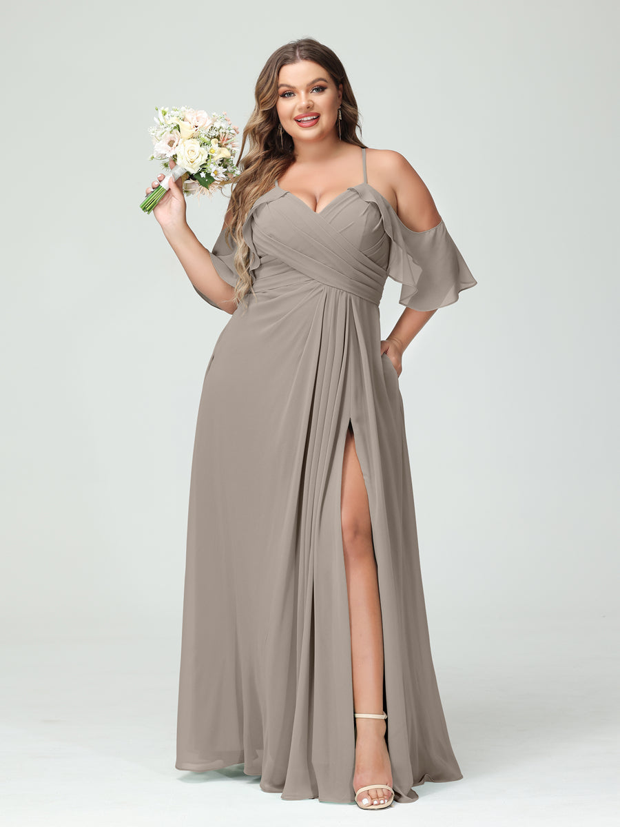 A Line Princess Spaghetti Straps Short Sleeves Chiffon Ruched Split Side Plus Size Bridesmaid Dresses with Pockets