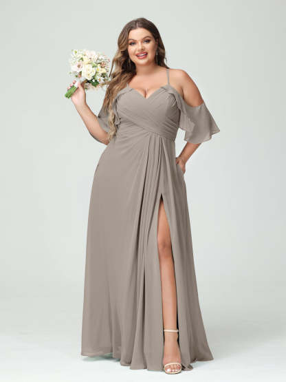 A Line Princess Spaghetti Straps Short Sleeves Chiffon Ruched Split Side Plus Size Bridesmaid Dresses with Pockets