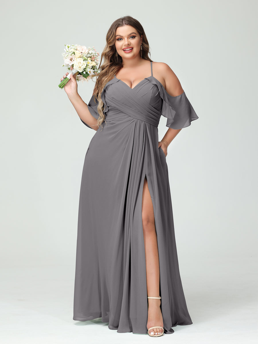A Line Princess Spaghetti Straps Short Sleeves Chiffon Ruched Split Side Plus Size Bridesmaid Dresses with Pockets