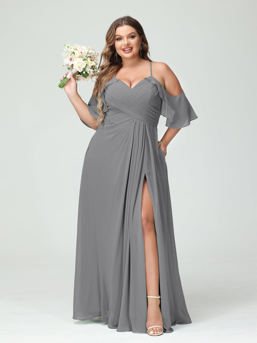 A Line Princess Spaghetti Straps Short Sleeves Chiffon Ruched Split Side Plus Size Bridesmaid Dresses with Pockets