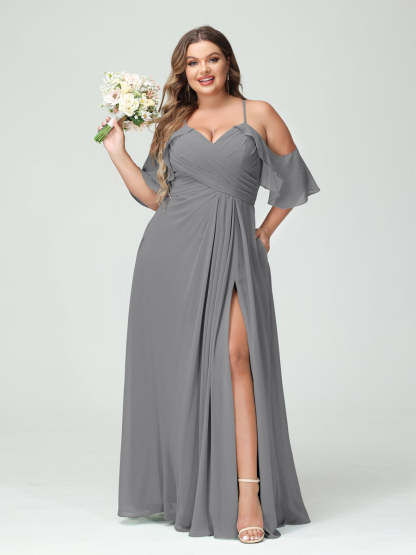 A Line Princess Spaghetti Straps Short Sleeves Chiffon Ruched Split Side Plus Size Bridesmaid Dresses with Pockets