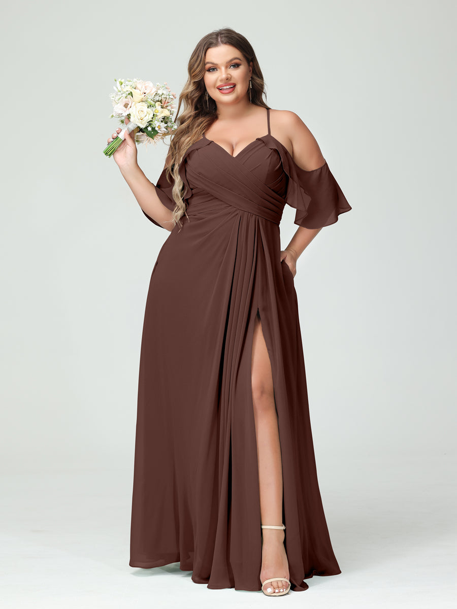 A Line Princess Spaghetti Straps Short Sleeves Chiffon Ruched Split Side Plus Size Bridesmaid Dresses with Pockets