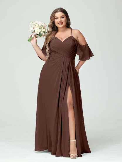 A Line Princess Spaghetti Straps Short Sleeves Chiffon Ruched Split Side Plus Size Bridesmaid Dresses with Pockets