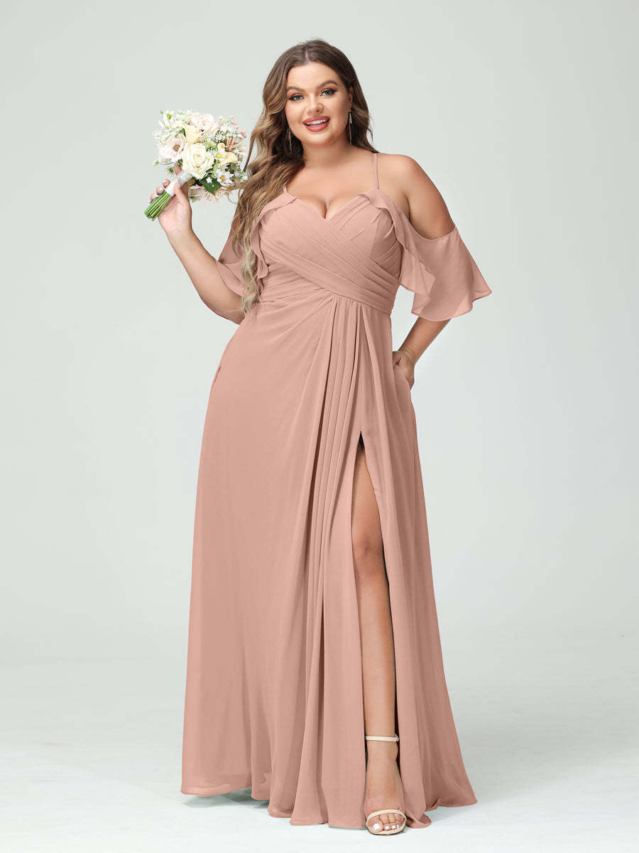 A Line Princess Spaghetti Straps Short Sleeves Chiffon Ruched Split Side Plus Size Bridesmaid Dresses with Pockets