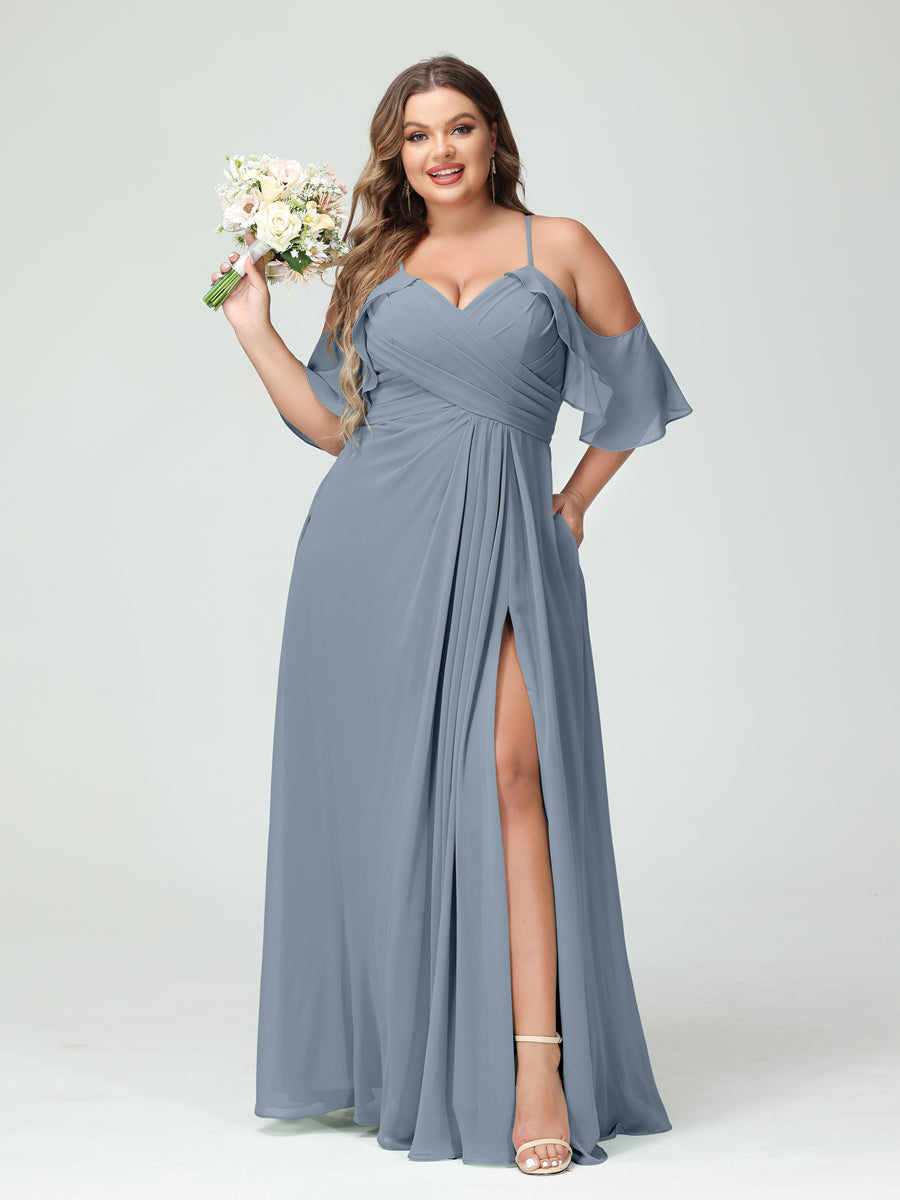 A Line Princess Spaghetti Straps Short Sleeves Chiffon Ruched Split Side Plus Size Bridesmaid Dresses with Pockets