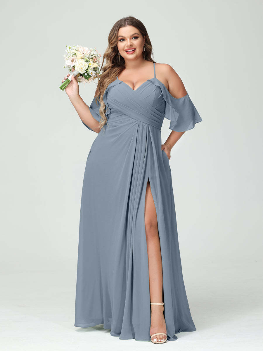 A Line Princess Spaghetti Straps Short Sleeves Chiffon Ruched Split Side Plus Size Bridesmaid Dresses with Pockets