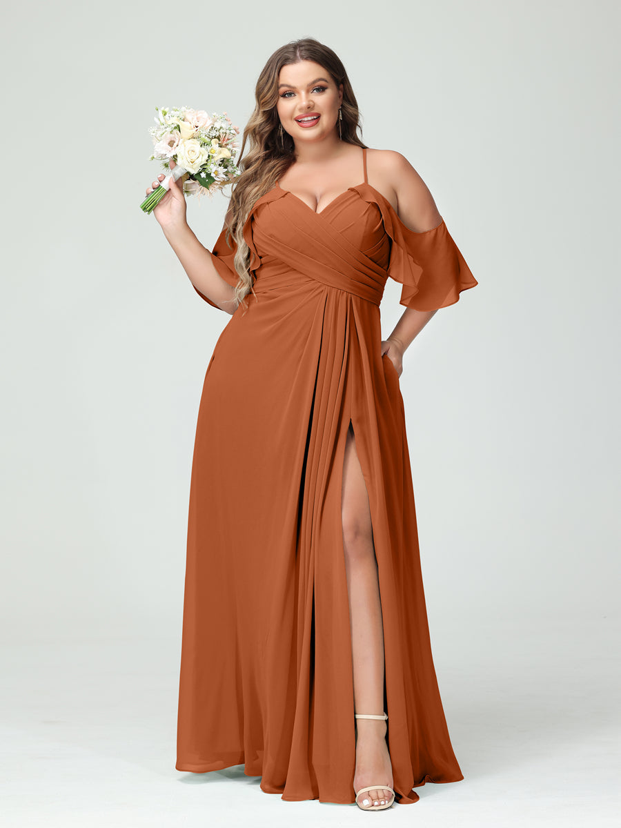 A Line Princess Spaghetti Straps Short Sleeves Chiffon Ruched Split Side Plus Size Bridesmaid Dresses with Pockets