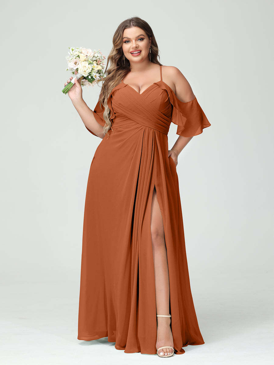 A Line Princess Spaghetti Straps Short Sleeves Chiffon Ruched Split Side Plus Size Bridesmaid Dresses with Pockets