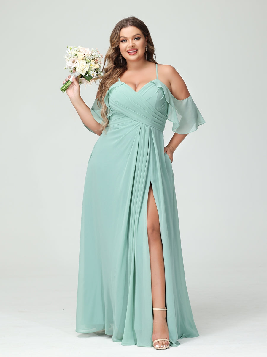 A Line Princess Spaghetti Straps Short Sleeves Chiffon Ruched Split Side Plus Size Bridesmaid Dresses with Pockets