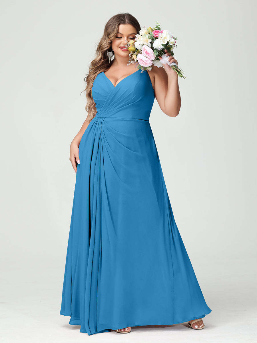 A Line Princess Spaghetti Straps Sleeveless Chiffon Split Side Plus Size Bridesmaid Dresses with Pockets