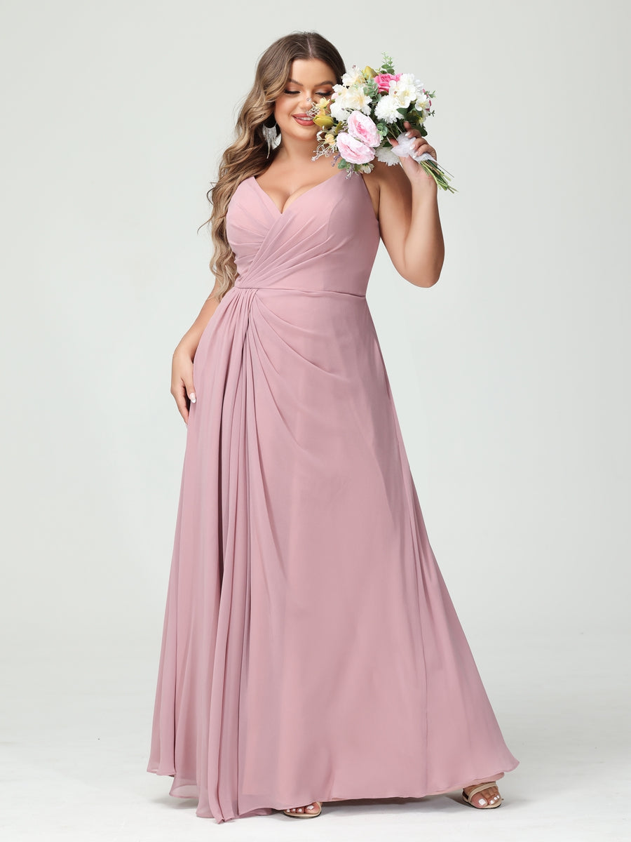 A Line Princess Spaghetti Straps Sleeveless Chiffon Split Side Plus Size Bridesmaid Dresses with Pockets