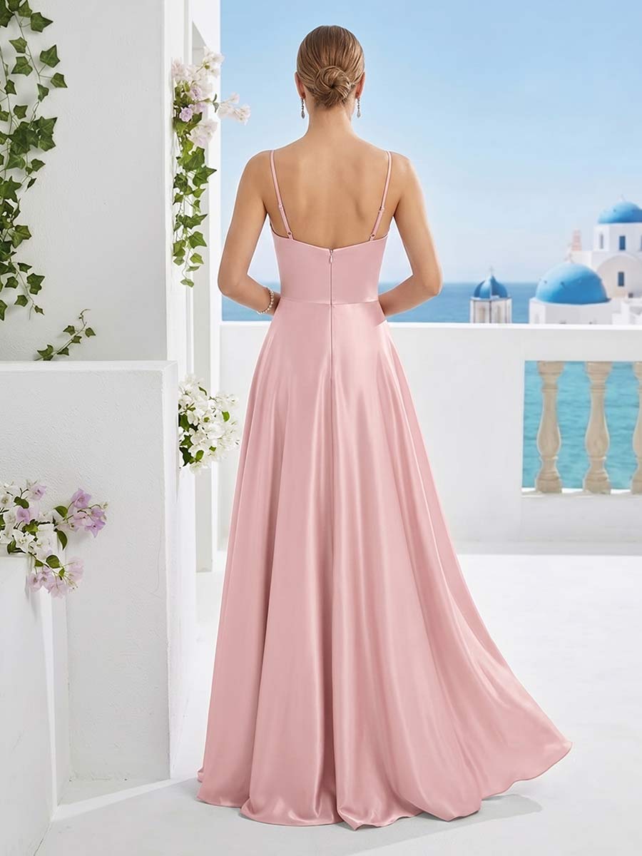 A Line Princess Spaghetti Straps Sleeveless Floor Length Long Bridesmaid Dresses with Pleats