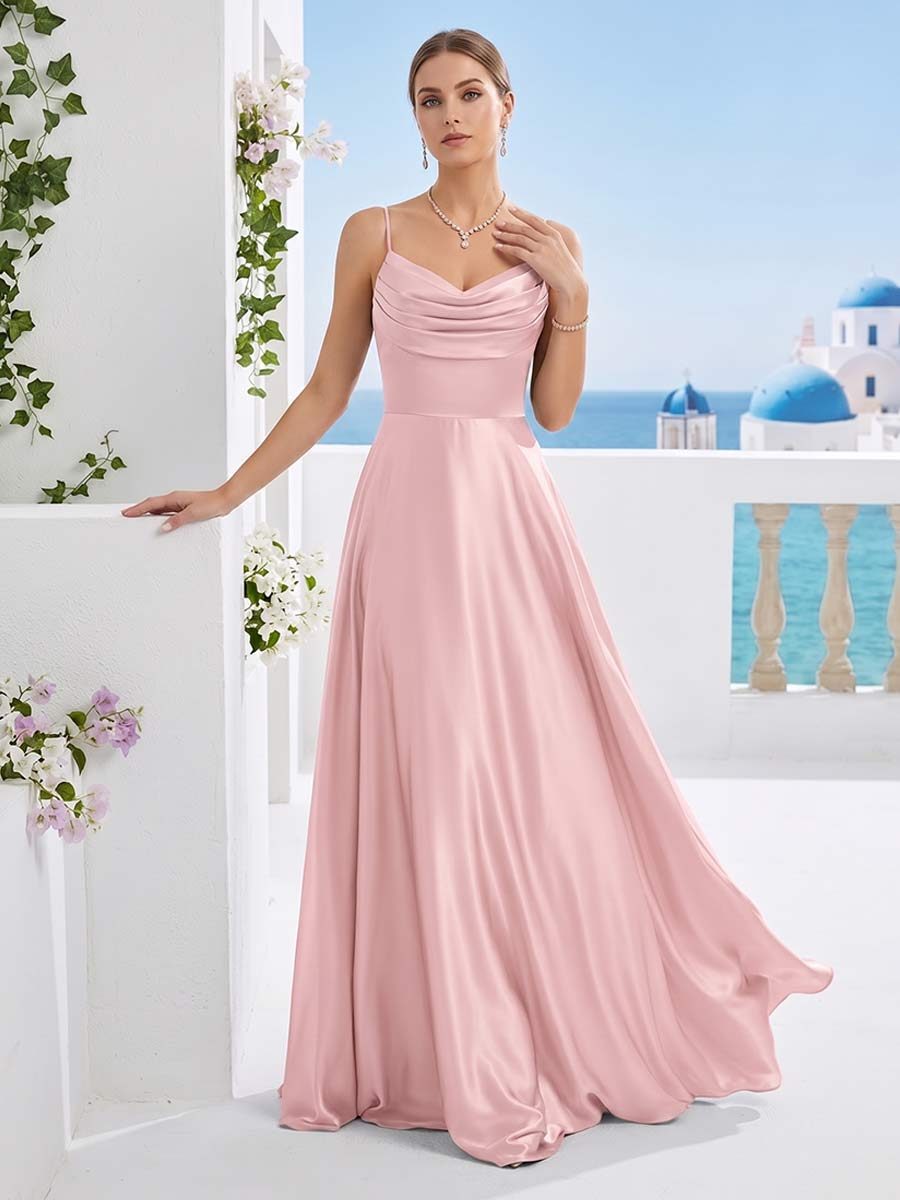 A Line Princess Spaghetti Straps Sleeveless Floor Length Long Bridesmaid Dresses with Pleats