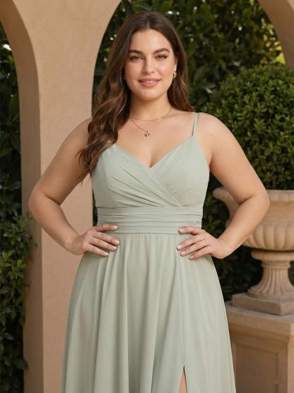 A Line Princess Spaghetti Straps Sleeveless Floor Length Plus Size Bridesmaid Dresses with Ruched