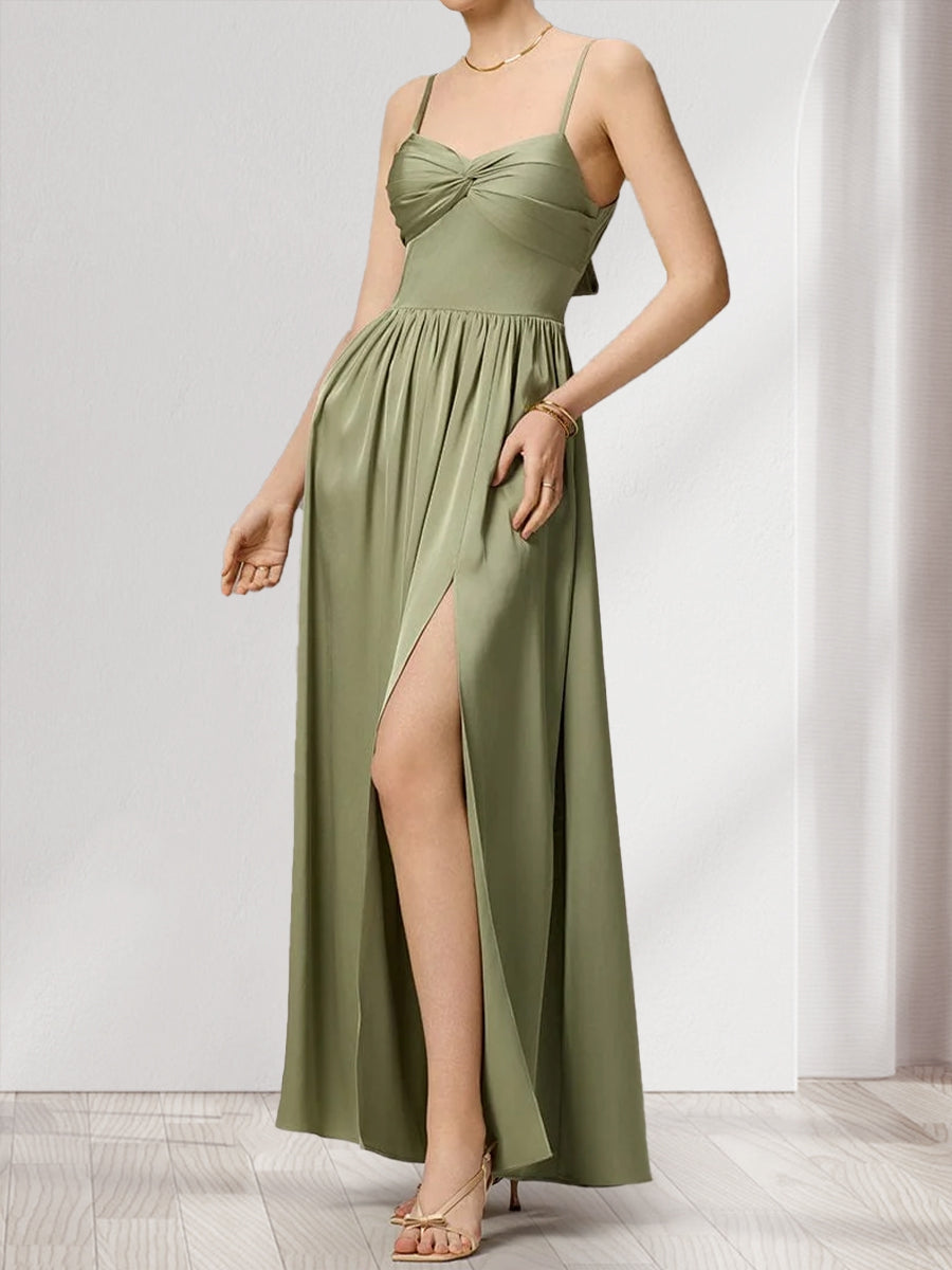 A Line Princess Spaghetti Straps Sleeveless Floor Length Ruched Bridesmaid Dresses with Split Side