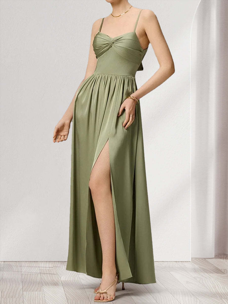A Line Princess Spaghetti Straps Sleeveless Floor Length Ruched Bridesmaid Dresses with Split Side