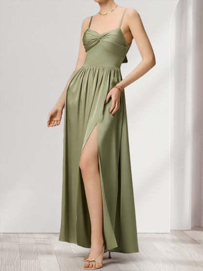 A Line Princess Spaghetti Straps Sleeveless Floor Length Ruched Bridesmaid Dresses with Split Side