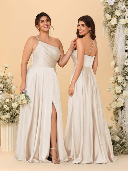 A Line Princess Spaghetti Straps Sleeveless Long Ruched Bridesmaid Dresses With Split Side