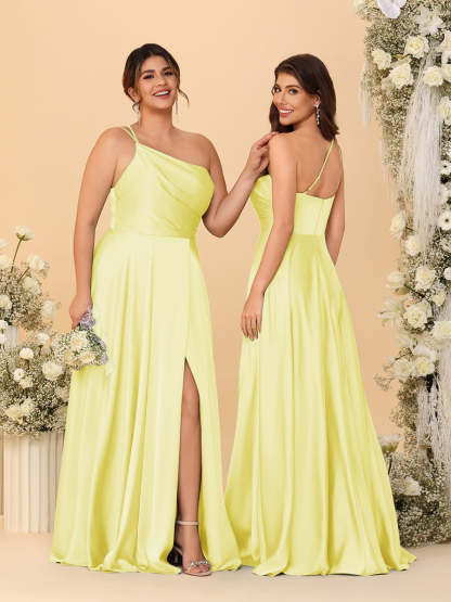 A Line Princess Spaghetti Straps Sleeveless Long Ruched Bridesmaid Dresses With Split Side