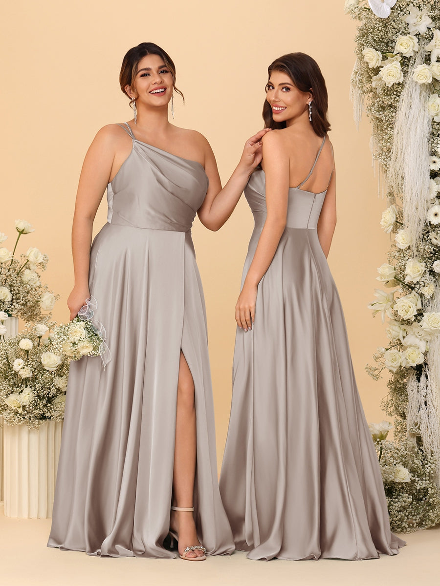 A Line Princess Spaghetti Straps Sleeveless Long Ruched Bridesmaid Dresses With Split Side