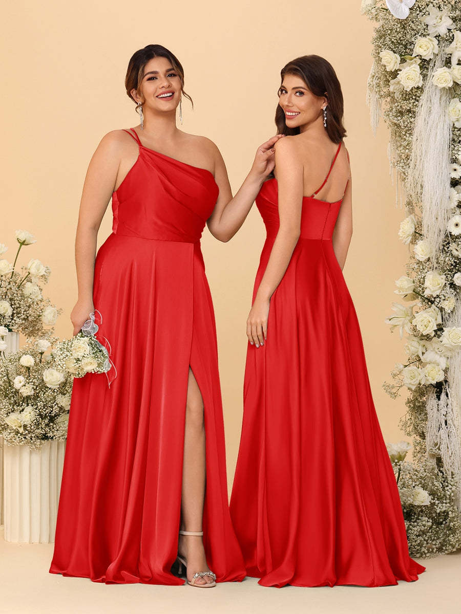 A Line Princess Spaghetti Straps Sleeveless Long Ruched Bridesmaid Dresses With Split Side