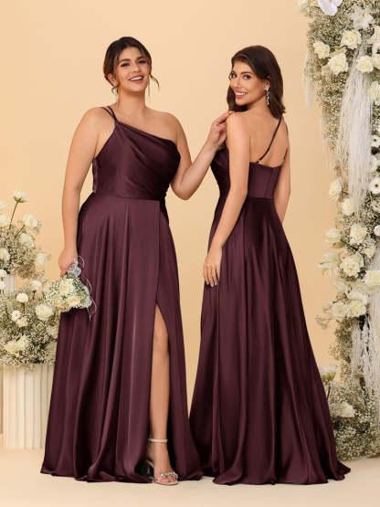A Line Princess Spaghetti Straps Sleeveless Long Ruched Bridesmaid Dresses With Split Side