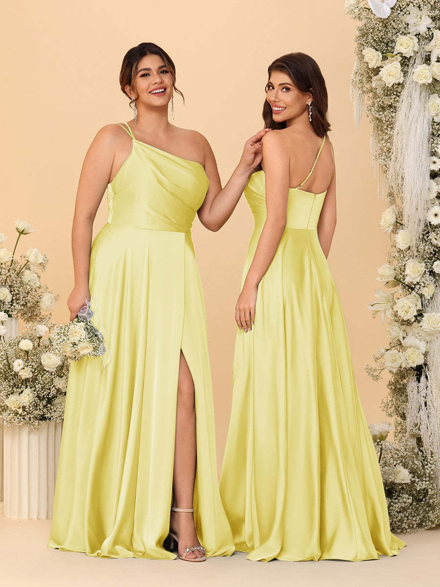 A Line Princess Spaghetti Straps Sleeveless Long Ruched Bridesmaid Dresses With Split Side