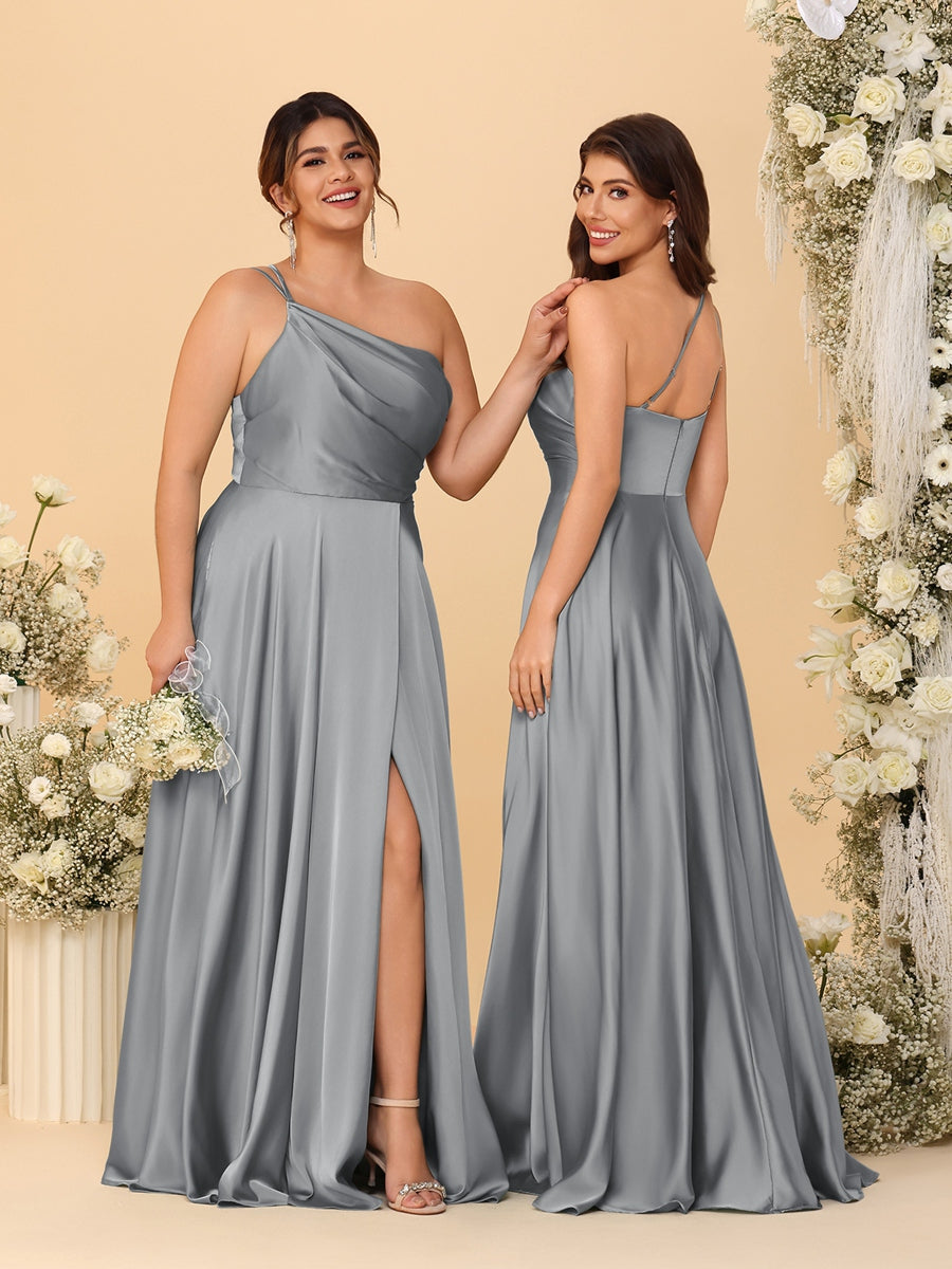 A Line Princess Spaghetti Straps Sleeveless Long Ruched Bridesmaid Dresses With Split Side