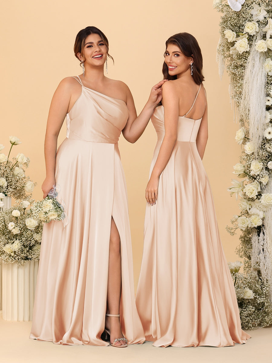 A Line Princess Spaghetti Straps Sleeveless Long Ruched Bridesmaid Dresses With Split Side