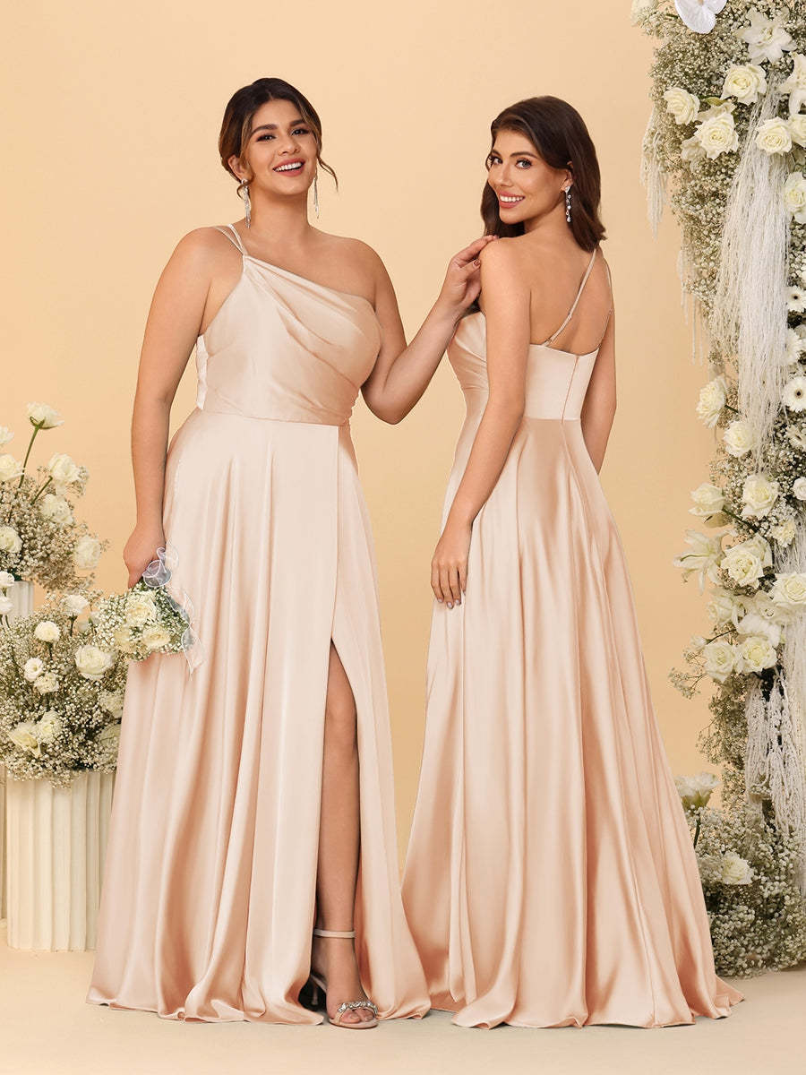 A Line Princess Spaghetti Straps Sleeveless Long Ruched Bridesmaid Dresses With Split Side