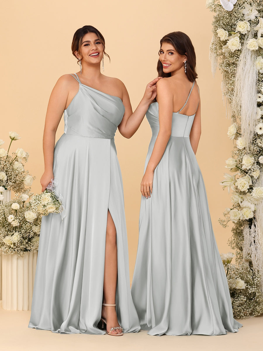 A Line Princess Spaghetti Straps Sleeveless Long Ruched Bridesmaid Dresses With Split Side