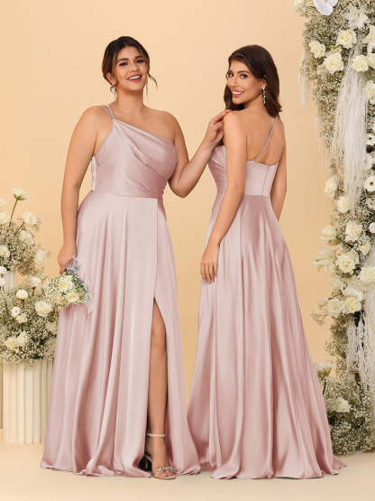 A Line Princess Spaghetti Straps Sleeveless Long Ruched Bridesmaid Dresses With Split Side